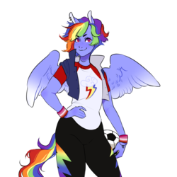 Size: 900x900 | Tagged: safe, artist:maykitz, rainbow dash, pegasus, anthro, equestria girls, g4, alternate color palette, alternate hairstyle, blushing, clothes, colored wings, colored wingtips, ear piercing, earring, equestria girls outfit, female, football, hand on hip, jacket, jewelry, looking at you, piercing, short hair, smiling, solo, sports, spread wings, wings