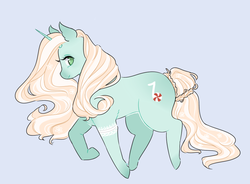 Size: 950x700 | Tagged: safe, artist:maykitz, oc, oc only, oc:melody mint, pony, unicorn, bandage, braided tail, commission, female, looking at you, mare, profile, simple background, smiling, solo, walking