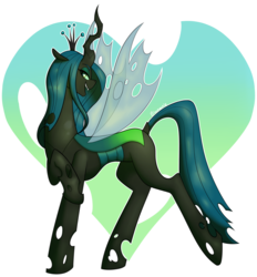 Size: 2815x3033 | Tagged: safe, artist:mischeivousfoxx, queen chrysalis, changeling, changeling queen, g4, crown, dock, female, heart, high res, jewelry, lidded eyes, looking at you, open mouth, raised hoof, regalia, simple background, solo, spread wings, transparent background, wings