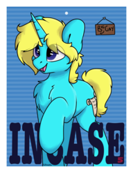 Size: 3000x3900 | Tagged: safe, artist:spoopygander, oc, oc only, oc:scribble note, pony, unicorn, badge, chest fluff, cute, high res, looking up, male, open mouth, raised hoof, sign, smiling, solo, stallion, text