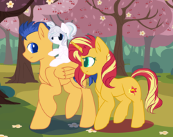 Size: 1548x1228 | Tagged: safe, artist:mlp-estalaria, flash sentry, sunset shimmer, pony, g4, adopted offspring, female, male, ship:flashimmer, shipping, straight