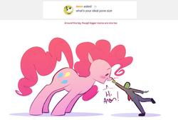 Size: 3110x2094 | Tagged: safe, artist:hattsy, pinkie pie, oc, oc:anon, earth pony, pony, g4, ask, blushing, boop, cute, dialogue, diapinkes, female, giant pony, happy, hi anon, high res, leaning, macro, mare, meme, open mouth, raised leg, simple background, smiling, white background