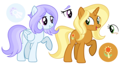 Size: 3136x1704 | Tagged: dead source, safe, artist:hazardous-andy, sunflower spectacle, oc, oc:moonlight, pegasus, pony, unicorn, g4, bags under eyes, duo, duo female, eyebrows, eyebrows visible through hair, female, folded wings, grin, high res, hooves, horn, lidded eyes, mare, open mouth, open smile, pegasus oc, previous generation, raised hoof, reference sheet, show accurate, simple background, smiling, standing, tail, transparent background, two toned mane, two toned tail, wings