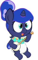 Size: 522x807 | Tagged: safe, artist:megarainbowdash2000, princess luna, pony, between dark and dawn, g4, age regression, baby, baby luna, baby pony, banjo, cute, diaper, female, filly, filly luna, foal, lunabetes, musical instrument, simple background, transparent background, woona, younger