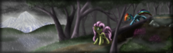 Size: 8000x2500 | Tagged: safe, artist:sweetbrew, fluttershy, rainbow dash, pegasus, pony, g4, duo, female, folded wings, forest, lake, log, mare, mountain, outdoors, rain, river, tree, wings
