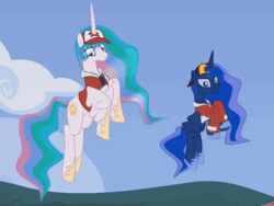 Size: 640x480 | Tagged: safe, artist:2snacks, princess celestia, princess luna, alicorn, pony, two best sisters play, g4, animated, clothes, cropped, ethan (pokemon), female, flying, gif, gold (pokemon), hat, mare, matt (tbfp), muna, pat (tbfp), patlestia, pokémon, pokémon snap, red (pokémon), show accurate, two best friends play, youtube link