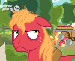 Size: 504x410 | Tagged: safe, screencap, apple bloom, applejack, big macintosh, pony, g4, going to seed, bags under eyes, cropped, floppy ears, frown, messy mane, solo focus