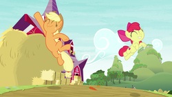 Size: 1920x1080 | Tagged: safe, screencap, apple bloom, applejack, earth pony, pony, g4, going to seed, apple sisters, carrot, cutie mark, duo, female, filly, foal, food, freeze frame, hay bale, leaping, mare, sweet apple acres, the cmc's cutie marks, yeah shot