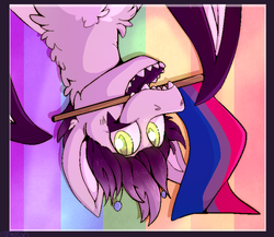 Size: 756x656 | Tagged: safe, artist:cinnamonsparx, oc, oc only, oc:perilous skies, oc:porcelain skies, pony, bisexual pride flag, mouth hold, pride, pride flag, rule 63, solo, upside down