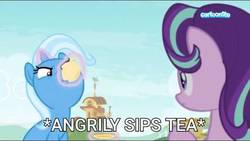 Size: 720x407 | Tagged: safe, artist:wielderoftheomnitrix, edit, edited screencap, screencap, starlight glimmer, trixie, pony, g4, student counsel, angry tea drinking, caption, cartoonito logo, descriptive noise, duo, meme, sipping