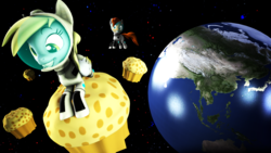 Size: 1920x1080 | Tagged: safe, artist:brownypony, derpy hooves, pony, g4, 3d, black background, duo, earth, food, muffin, simple background, solo focus, source filmmaker, space, spacesuit