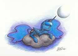 Size: 5567x4059 | Tagged: safe, artist:lollipony, princess luna, alicorn, pony, g4, cloud, eyes closed, female, moon, on a cloud, prone, sleeping, sleeping on a cloud, solo, traditional art