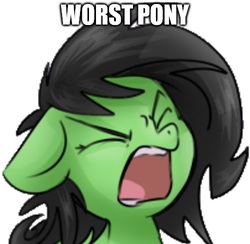 Size: 500x487 | Tagged: safe, artist:naked drawfag, edit, oc, oc only, oc:filly anon, pony, cropped, crying, female, filly, op is trying to start shit, simple background, solo, text edit, worst pony