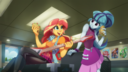 Size: 2700x1519 | Tagged: safe, artist:light262, sonata dusk, sunset shimmer, oc, oc:mezma, oc:vanna melon, equestria girls, g4, my little pony equestria girls: rainbow rocks, boots, cute, duo, eating, female, food, guitar, lunch break, poster, shimmerbetes, shoes, sleeveless, sonatabetes, sonataco, taco, that girl sure loves tacos, that siren sure does love tacos, wallpaper