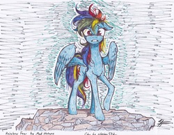 Size: 1627x1269 | Tagged: safe, artist:madhotaru, artist:siberian502, rainbow dash, pony, g4, abstract background, cliff, colored, female, floppy ears, pencil drawing, rock, scared, solo, traditional art