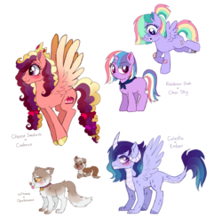 Size: 1446x1417 | Tagged: safe, artist:unoriginai, oc, oc only, dog, dracony, hybrid, pegasus, pony, unicorn, adoptable, animal, bandaid, bandaid on nose, bell, bell collar, bow, collar, crack ship offspring, crown, cute, hair bow, interspecies offspring, jewelry, magical lesbian spawn, offspring, parent:cheese sandwich, parent:clear sky, parent:opalescence, parent:princess cadance, parent:princess ember, parent:rainbow dash, parent:winona, parents:cleardash, parents:emberlestia, puppy, regalia, simple background, tail bow, text, tongue out, tooth gap, white background