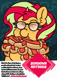 Size: 690x950 | Tagged: safe, artist:threetwotwo32232, sunset shimmer, pony, unicorn, g4, advertisement, female, food, freckles, glasses, hot dog, logo, looking at you, mare, meat, omnivore sunset, parody, peppered bacon, ponies eating meat, sausage, text
