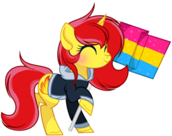 Size: 1280x1012 | Tagged: safe, artist:reroir, artist:xxmaikhanhflarexx, oc, oc only, oc:flaming flare, alicorn, pony, base used, clothes, female, hoodie, mare, pansexual pride flag, pride, pride flag, simple background, solo, transparent background