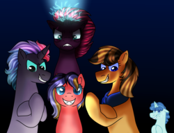 Size: 1967x1514 | Tagged: safe, artist:edgeyboiss, artist:kindheart525, party favor, tempest shadow, oc, oc:ski jump, oc:spittoon spur, oc:tumbleweed twinkle, earth pony, pony, unicorn, kindverse, g4, father and daughter, female, grandmother and grandchild, magical gay spawn, male, mother and daughter, offspring, offspring's offspring, parent:braeburn, parent:oc:ski jump, parent:oc:spittoon spur, parent:party favor, parent:sheriff silverstar, parent:tempest shadow, parents:oc x oc, parents:silverburn, parents:tempestfavor