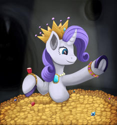Size: 1024x1093 | Tagged: safe, artist:redquoz, rarity, pony, unicorn, dragonshy, g4, cave, crown, curved horn, female, frog (hoof), gemstones, gold, hoard, hooves, horn, jewelry, mare, raised hoof, redraw, regalia, smiling, underhoof