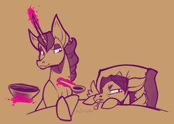 Size: 955x679 | Tagged: safe, artist:sitaart, oc, oc:crossed guard, oc:silver song, pegasus, pony, unicorn, bed, commission, duo, female, grumpy, mare, sick