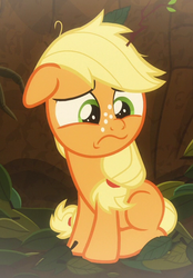 Size: 480x689 | Tagged: safe, screencap, applejack, earth pony, pony, g4, going to seed, cropped, female, filly, filly applejack, freckles, hooves, sad, solo, younger