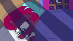 Size: 1920x1080 | Tagged: safe, alternate version, artist:徐詩珮, fizzlepop berrytwist, glitter drops, tempest shadow, pony, unicorn, g4, my little pony: the movie, bed, blanket, blushing, broken horn, duo, female, horn, lesbian, mare, night, pillow, ship:glittershadow, shipping, sleeping, thinking, worried