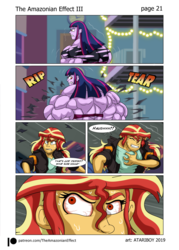 Size: 1495x2085 | Tagged: safe, artist:atariboy2600, artist:bluecarnationstudios, sunset shimmer, twilight sparkle, alicorn, comic:the amazonian effect, comic:the amazonian effect iii, equestria girls, g4, angry, bloodshot eyes, bra, clothes, comic, muscle growth, muscles, overdeveloped muscles, purple underwear, red eyes, twilight muscle, twilight sparkle (alicorn), underwear