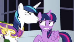 Size: 1280x720 | Tagged: safe, screencap, shining armor, twilight sparkle, alicorn, pony, unicorn, g4, sparkle's seven, brother and sister, cropped, eyes closed, female, grin, male, mare, nervous, nervous smile, out of context, raised hoof, siblings, smiling, stallion, twilight sparkle (alicorn)