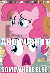 Size: 640x936 | Tagged: safe, artist:lightf4lls, edit, edited screencap, editor:undeadponysoldier, screencap, pinkie pie, earth pony, pony, baby cakes, filli vanilli, g4, season 2, season 4, 2 panel comic, blue eyes, caption, comic, derp, female, image macro, impact font, implied crystal empire, mare, misspelling, open mouth, pink coat, pink fur, pink hair, pink mane, pink pony, ponyville, poofy hair, poofy mane, reference, sandy spongebob and the worm, solo, spongebob squarepants, sugarcube corner, text, wrong aspect ratio