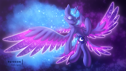 Size: 2880x1620 | Tagged: safe, artist:shad0w-galaxy, princess luna, alicorn, pony, seraph, seraphicorn, g4, beautiful, bipedal, concave belly, ethereal mane, eyes closed, female, galaxy mane, goddess, long legs, majestic, mare, multiple wings, solo, sparkly wings