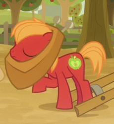 Size: 281x306 | Tagged: safe, screencap, big macintosh, earth pony, pony, g4, going to seed, colt big macintosh, cropped, eyes closed, horse collar, male, raised hoof, solo, younger
