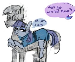 Size: 1199x990 | Tagged: safe, artist:alumx, maud pie, mudbriar, earth pony, pony, g4, student counsel, agalmatophilia, blatant lies, female, hug, lying on top of someone, male, petrification, rock, rockbriar, ship:maudbriar, shipping, smiling, straight, that pony sure does love rocks, that was fast, when she smiles
