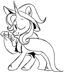 Size: 633x704 | Tagged: safe, artist:woollily, trixie, pony, unicorn, g4, cape, clothes, female, hat, looking at you, mare, monochrome, one eye closed, playing card, smiling, solo, trixie's cape, trixie's hat
