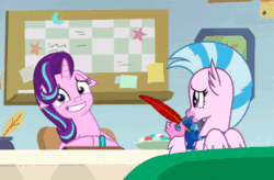 Size: 426x279 | Tagged: safe, edit, edited screencap, editor:calena, screencap, silverstream, starlight glimmer, classical hippogriff, hippogriff, pony, unicorn, g4, student counsel, animated, caption, crossing the memes, female, help me, meme, shaking, text, triggered, x intensifies
