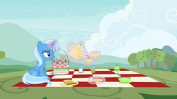 Size: 1920x1080 | Tagged: safe, screencap, trixie, pony, unicorn, student counsel, bread, cloud, cup, cupcake, female, food, frown, glowing horn, horn, lonely, magic, magic aura, mare, picnic, picnic blanket, ponyville, sandwich, sitting, solo, sweet apple acres, tea, teacup, teapot, telekinesis