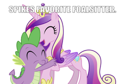 Size: 750x503 | Tagged: safe, edit, editor:undeadponysoldier, princess cadance, spike, alicorn, dragon, pony, g4, crown, eyes closed, female, happy, hug, jewelry, male, mare, open mouth, raised hoof, regalia, ship:spikedance, simple background, smiling, straight, text, white background