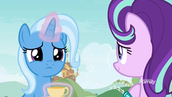 Size: 1920x1080 | Tagged: safe, screencap, starlight glimmer, trixie, pony, unicorn, g4, student counsel, cup, cute, diatrixes, discovery family logo, female, frown, glowing horn, horn, magic, magic aura, mare, puppy dog eyes, sweet apple acres, teacup, telekinesis