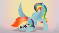 Size: 5120x2880 | Tagged: safe, artist:just rusya, rainbow dash, pony, g4, face down ass up, female, iwtcird, looking at you, meme, solo, spread wings, wings