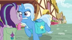 Size: 1920x1080 | Tagged: safe, screencap, starlight glimmer, trixie, pony, unicorn, g4, season 9, student counsel, angry, boop, discovery family logo, eye contact, faic, female, gritted teeth, looking at each other, mare, nervous, nose to nose, ponyville, saddle bag, special eyes, wide eyes