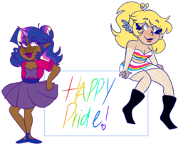 Size: 1280x1035 | Tagged: safe, artist:cubbybatdoodles, derpy hooves, twilight sparkle, human, g4, bilight sparkle, bisexual pride flag, bisexuality, dark skin, duo, elf ears, female, horn, horned humanization, humanized, pansexual, pansexual pride flag, pride, pride month, simple background, transparent background, unicorns as elves, wing ears