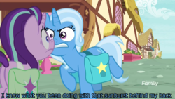 Size: 1920x1080 | Tagged: safe, edit, edited screencap, screencap, starlight glimmer, trixie, pony, unicorn, g4, student counsel, angry, boop, caption, discovery family logo, eye contact, female, gritted teeth, image macro, implied infidelity, implied lesbian, implied shipping, implied starburst, implied startrix, looking at each other, mare, meme, nervous, nose to nose, ponyville, saddle bag, text, trixie yells at everything, wide eyes