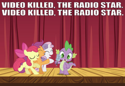 Size: 631x434 | Tagged: safe, edit, edited screencap, editor:undeadponysoldier, screencap, apple bloom, scootaloo, spike, sweetie belle, dragon, earth pony, pegasus, pony, unicorn, g4, 80s, caption, concert, crusadespike, cutie mark crusaders, eyes closed, female, filly, happy, hoof on chest, image macro, looking at you, lyrics, male, microphone, open mouth, ship:scootaspike, ship:spikebelle, ship:spikebloom, shipping, singing, song reference, straight, text, the buggles, trio, video killed the radio star