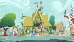 Size: 1920x1080 | Tagged: safe, screencap, roseluck, trixie, earth pony, pony, unicorn, g4, student counsel, duo, female, flower shop, mare, ponyville, sugarcube corner, trough, water pump, water trough