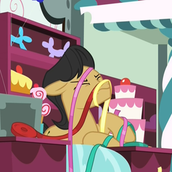 Size: 1078x1079 | Tagged: safe, screencap, cherry cola, cherry fizzy, earth pony, pony, g4, student counsel, :s, cropped, eyes closed, floppy ears, grimace, male, out of context, party shop, shop, solo, stallion, wavy mouth
