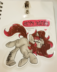 Size: 1180x1500 | Tagged: safe, artist:kellythedrawinguni, oc, oc only, oc:derpy starlet, pony, badge, commission, female, mare, traditional art