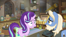 Size: 1920x1080 | Tagged: safe, screencap, starlight glimmer, summit point, earth pony, pony, unicorn, g4, student counsel, alarm clock, antique store, barrel, book, bookshelf, bottle, candle, candlestick, clock, cup, female, jar, lamp, lantern, male, mare, medal, mirror, nervous, picture frame, pot, potion, radio, scroll, shop, stallion, suitcase, teacup, telescope, worried