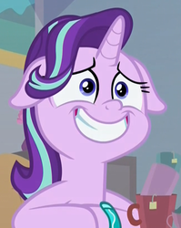 Size: 650x815 | Tagged: safe, screencap, starlight glimmer, pony, unicorn, g4, student counsel, awkward smile, bracelet, cropped, cup, fake smile, female, floppy ears, food, forced smile, frustrated, jewelry, mare, smiling, solo, stressed, tea, teabag, teacup