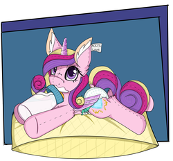 Size: 3763x3496 | Tagged: safe, alternate version, artist:cuddlelamb, princess cadance, pony, g4, baby bottle, diaper, diaper fetish, dock, female, fetish, high res, messy drinking, non-baby in diaper, plushie, solo