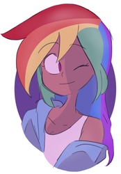Size: 893x1280 | Tagged: safe, artist:drawbauchery, rainbow dash, human, g4, abstract background, bust, clothes, cute, dark skin, dashabetes, female, hoodie, human coloration, humanized, one eye closed, solo, tank top, wink